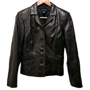 VTG Ann Taylor Blazer Jacket Womens XS Black Leather White Stitching Button Y2K